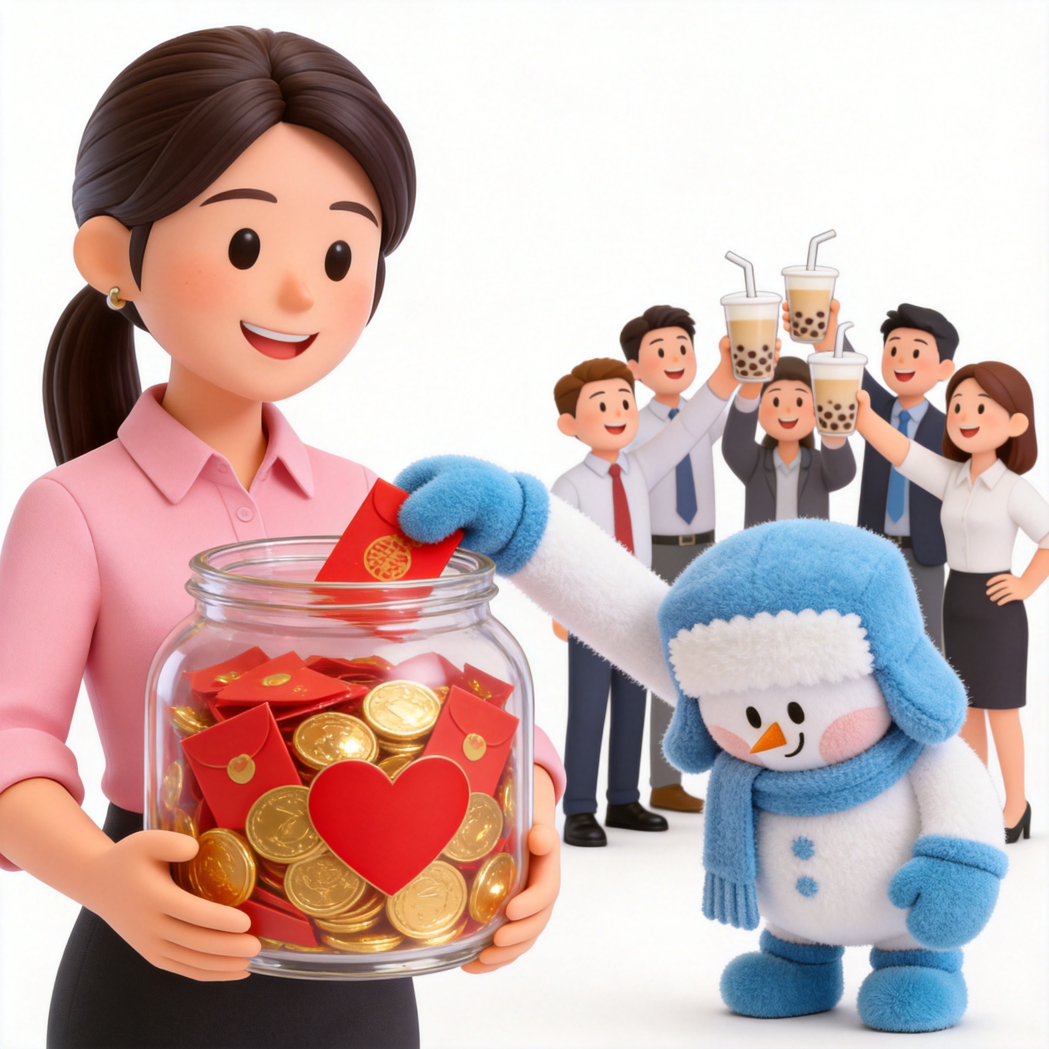 漫画：行政小姐姐双手捧着装满红色红包和金色硬币、贴着爱心的透明玻璃罐，小雪垂头丧气地用手套把一个红包投进罐里，身后同事们高举珍珠奶茶开心碰杯